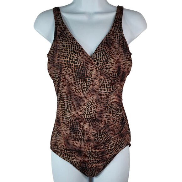 Miraclesuit Swimsuit Brown Size 12 V Neck Animal Print Bathing Suit Slimming - Picture 1 of 10